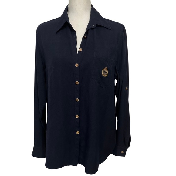 Lauren Ralph Lauren Silk Roll Tab Sleeve Crest Button Up Top Navy SZ 14 Classic - Picture 1 of 7